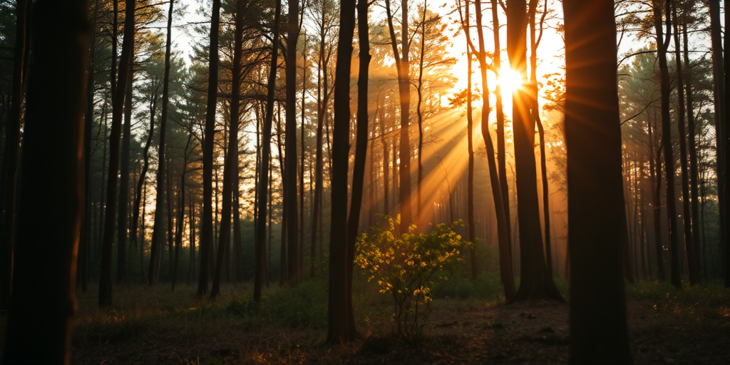 Create an image of a serene forest scene during golden hour, with soft light filtering through the trees, using a Canon EOS R5, 50mm f/1.2 lens, aperture set to f/2.8, ISO 100, shutter speed 1/125 sec, capturing a shallow depth of field for a dreamy effect, shot from eye level.