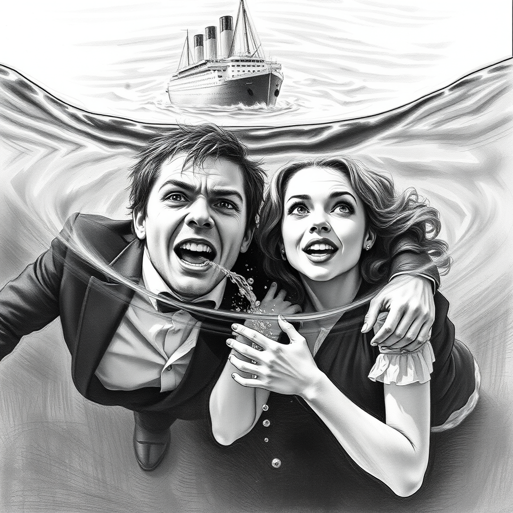 A hyperdetailed photorealistic black and white pencil sketch recreating the iconic scene at the end of Titanic with Jack and Rose floating in the water, only show them making exaggerated funny faces at the camera. Show Rose spitting water at the camera.