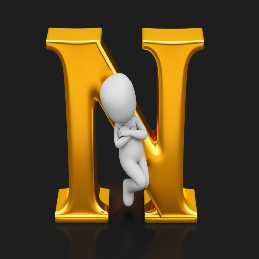 Create a 3D illustration of a small white character leaning against a shiny, gold letter 'N', using a DSLR camera with a 50mm lens at f/2.8 aperture, ISO 100, and a softbox for even lighting, capturing a high-angle view to enhance depth and detail.