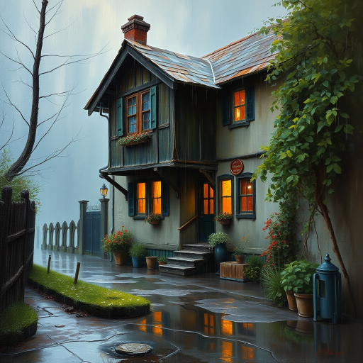rainy day house painting, fine art painting, fantasy art, 4K, 3D, HDRi, detailed oil painting, high definition art, expressive rustic oil painting, foggy alley, soft focus