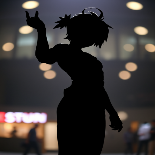 Create a high-resolution image of a sleek black silhouette of an anime character in a dynamic pose, captured with a Canon EOS R5, 50mm lens, f/1.8 aperture, 1/200s shutter speed, ISO 100, with a soft bokeh background and dramatic lighting.