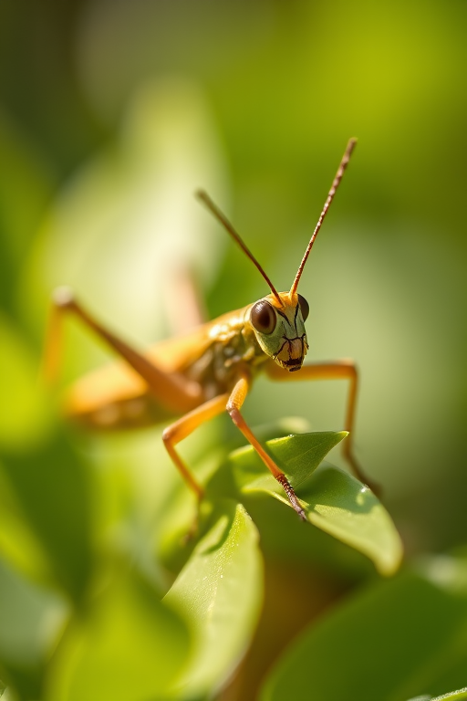 macro shot of a grasshopper resting on green leaves with shallow depth of field, Nikon D850, 100mm f/2.8 macro lens, ISO 200, aperture f/2.8, 1/200s, natural sunlight, soft focus background