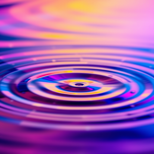 Create a high-resolution image of colorful water ripples with a vibrant gradient background, camera settings: ISO 100, f/11, 1/250s, using a macro lens, positioned at a shallow depth of field, captured with a DSLR camera.