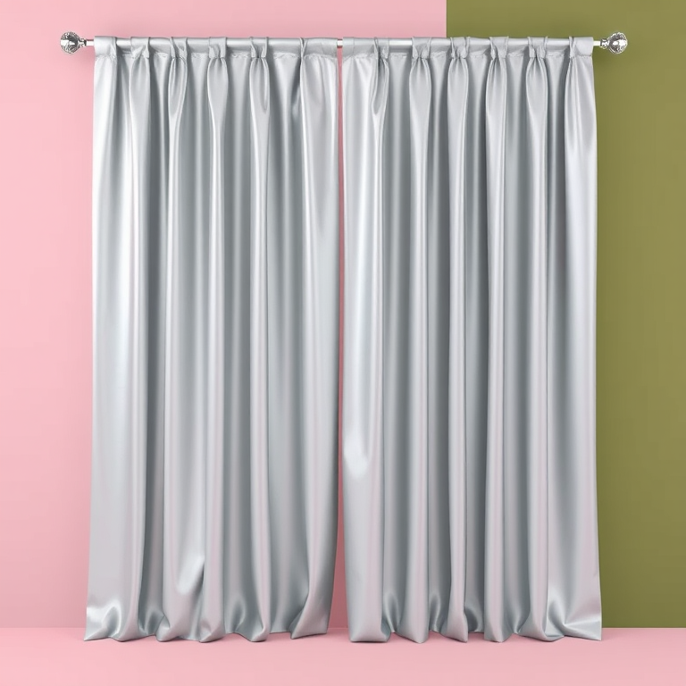 create a realistic render of a silver curtain hanging with neat folds against a background divided into soft pink and olive green sections