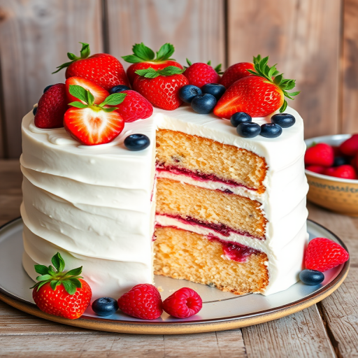 A beautiful layered cake with a smooth white frosting topped with fresh strawberries, raspberries, and blueberries, showing a slice cut out to reveal the moist interior layers filled with raspberry jam and cake, set against a rustic wooden background.