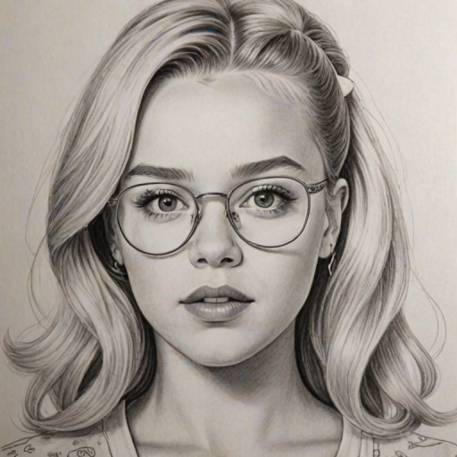 Attractive JoJo Siwa, pencil sketch, portrait of Resplendent woman 1978s in glasses, hair style beatnik, outline, clear lines, fine lines, 8k
