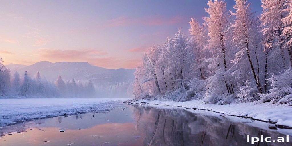 Serene Winter Landscape with Snow-Covered Trees and Reflective River
