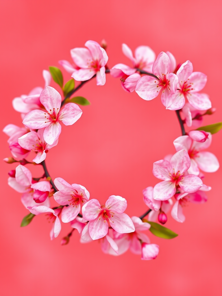 watercolor floral wreath of pink cherry blossoms on a red background, soft focus, taken with a Canon EOS R5, 50mm lens, aperture f/1.8, ISO 200, natural light