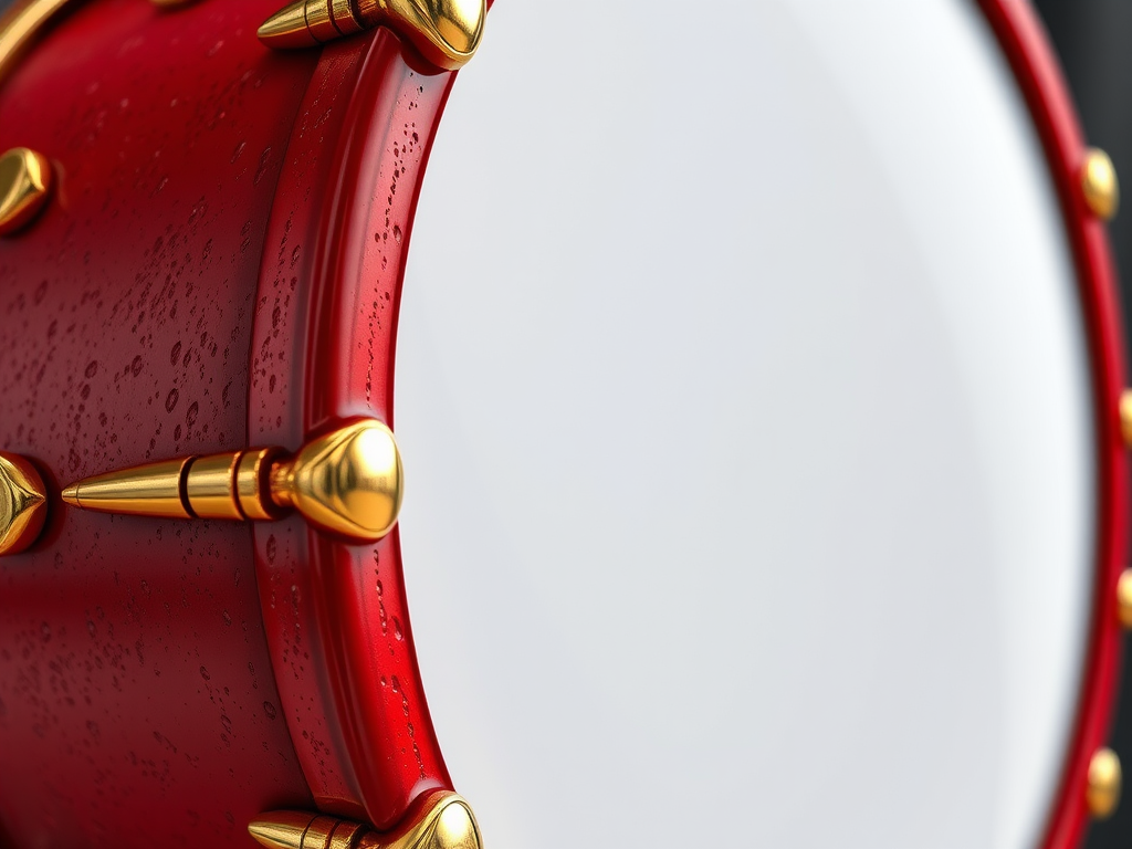 create a highly detailed 3D rendering of a red drum with golden accents and realistic texture, camera settings: f/1.8 aperture, ISO 100, shutter speed 1/60, camera view: close-up, camera style: HDR, camera type: DSLR, ensure enhanced lighting and shadow effects