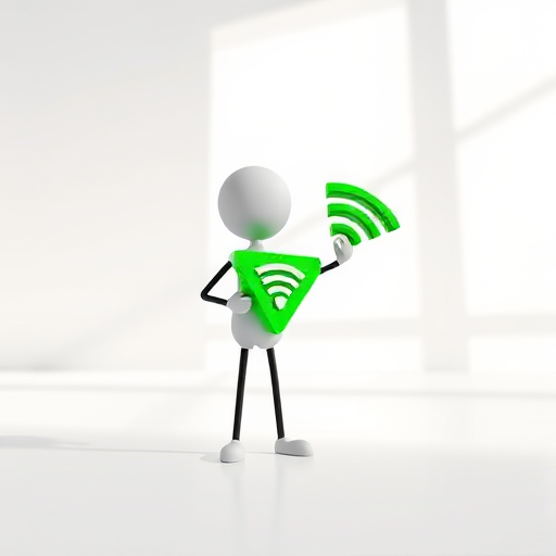 Create an image of a 3D stick figure character in a minimalist style, holding a green Wi-Fi symbol, in a bright and clean environment, using a DSLR camera with a 50mm lens, aperture f/2.8 for shallow depth of field, ISO 100, and natural lighting to enhance clarity and detail.