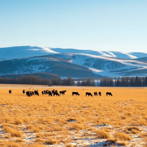 Capture a winter landscape with rolling snow-covered hills and a herd of grazing animals in a golden field under a clear blue sky, using a DSLR camera at f/8, ISO 100, shutter speed 1/250s, shot from a low angle for depth, with a wide-angle lens.