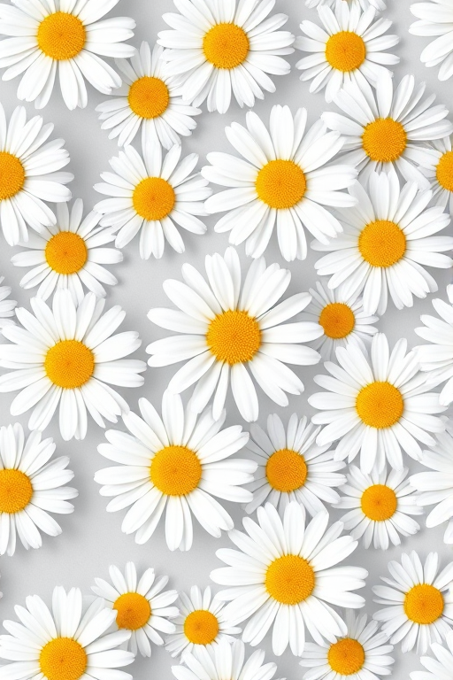create a seamless pattern of white daisies with yellow centers on a soft grey background, capture with a DSLR camera at f/8 for depth of field, use a 50mm lens for sharp focus, and shoot in natural light for enhanced color vibrancy, composition centered for clarity