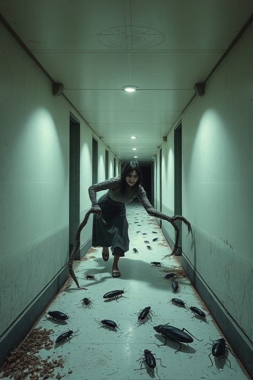 a crooked female with long arms and a creepy smile is crawling along a long white corridor and you can also see cockroaches in it there is a creepy atmosphere creepy art style