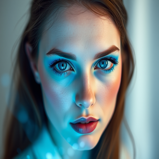 close-up portrait of a woman with striking blue eyes and artistic blue makeup, ethereal glowing effects around her, soft focus background, taken with a Canon EOS R5, 85mm lens, aperture f/1.4, ISO 100, natural light for enhanced clarity and detail