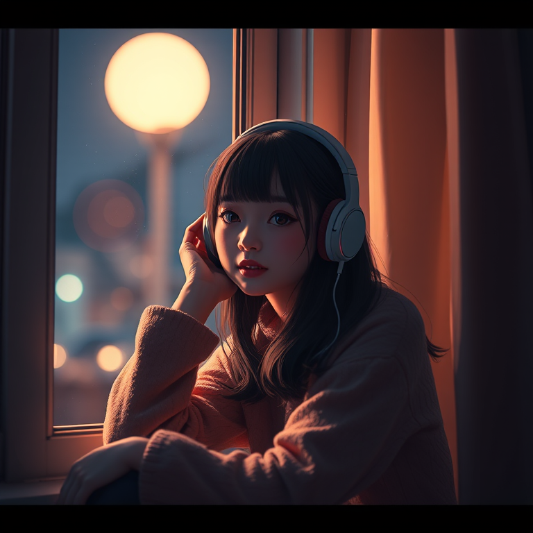 Create a digital art piece featuring a girl with headphones sitting by a window at night, moonlight illuminating her face, incorporating a cozy indoor atmosphere, use a Canon EOS R5 with a 50mm f/1.2 lens, set the aperture to f/1.2 for a shallow depth of field, ISO 800, shutter speed 1/60s, and a soft focus style.