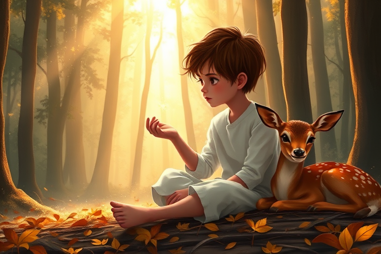 A luminous digital painting of a serene forest scene featuring a barefoot young boy, about 7 years old, with brown hair and fair skin, dressed in a simple white outfit. He sits cross-legged on the forest floor, gazing at a small, glowing, magical firefly in his hand. Beside him, a delicate spotted deer lies calmly on a bed of dried leaves, observing the scene. The dense forest is bathed in warm, golden light filtering through the trees, creating a peaceful, magical atmosphere with a blend of natural and mystical elements.