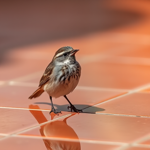 Capture a sparrow standing on a glossy tiled surface with reflections, using a Canon EOS R5, 85mm lens, f/4 aperture, ISO 200, and a shallow depth of field to enhance image clarity and detail in soft natural light.