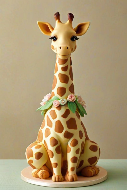 Create an image of a whimsical cake designed to resemble a giraffe. The cake should be tall and round, featuring a smooth, cream-colored frosting. Add decorative elements like ears and a snout made from fondant. The top of the cake should be adorned with fresh white flowers and green leaves for a vibrant touch. Place the cake on an elegant golden cake stand.