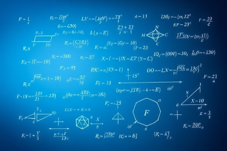 Generate a digital illustration of mathematical equations and geometric shapes on a blue gradient background, using a DSLR camera with a 50mm lens at f/1.8, ISO 100, shutter speed 1/125s, with a slight vignette effect for depth.