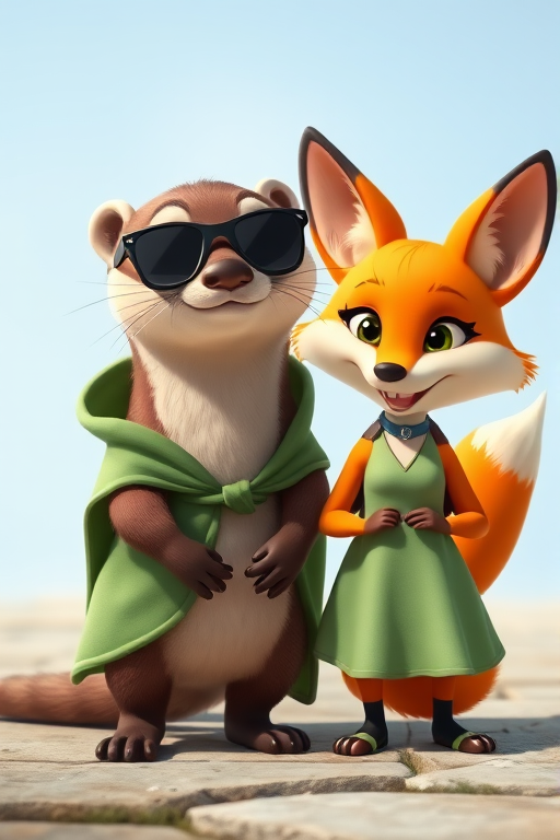 Create an animated scene featuring a playful, cartoonish otter wearing sunglasses and a green cloak next to a sly, orange fox in a light green dress, captured with a DSLR camera at f/5.6 aperture, 50mm lens, in natural light, ensuring vibrant colors and sharp details.