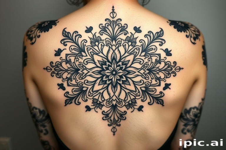 Ornamental blackwork tattoo titled "Lace Elegance" showcasing intricate floral and geometric patterns inspired by delicate lacework, incorporating symmetrical designs and negative space for visual contrast
