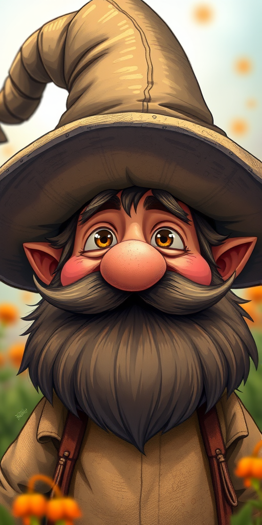 Create a detailed illustration of a whimsical character with a large hat and a bushy beard, using a DSLR camera with a 50mm lens, aperture set to f/2.8 for a shallow depth of field, capturing the scene in vibrant colors with soft, diffused lighting.