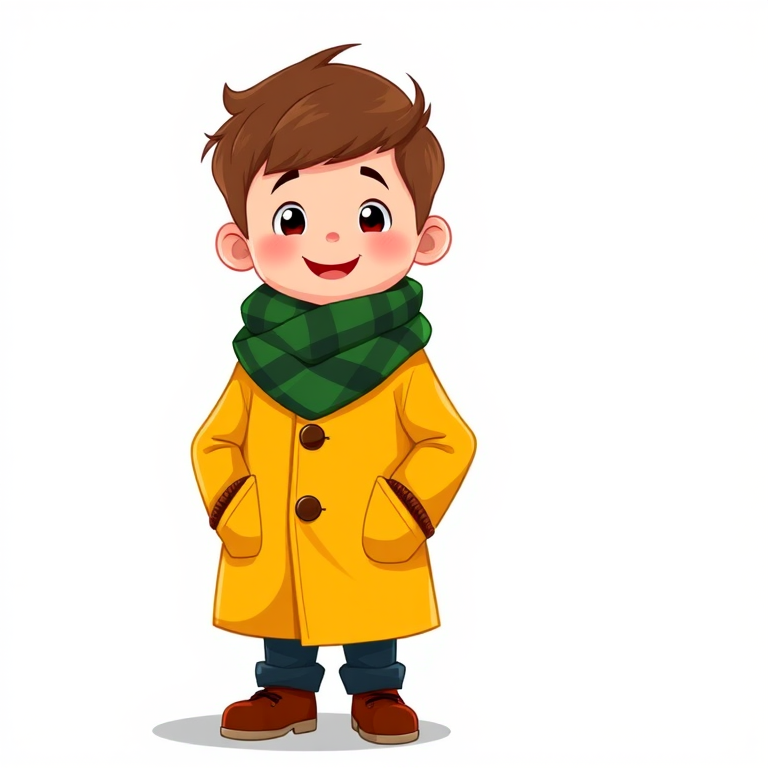 Generate an illustration of a cartoon boy standing with his hands in his pockets, wearing a yellow coat, a green and black checkered scarf, and red mittens, using a 50mm lens, f/2.8 aperture, bright natural lighting, and a wide-angle view for enhanced detail and color vibrancy.
