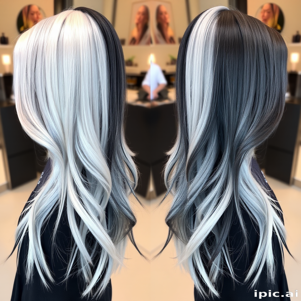 Striking platinum and onyx two-tone hairstyle called "Yin Yang Harmony" features a perfectly balanced split down the middle, showcasing contrasting textures and lengths