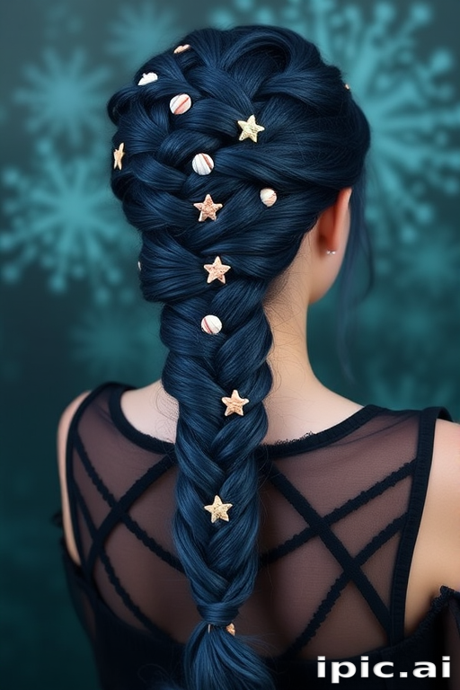 Bewitching Midnight Blue Mermaid Braid styled into an intricate fishtail plait, adorned with tiny seashells and starfish-shaped clips for an enchanting underwater-inspired look