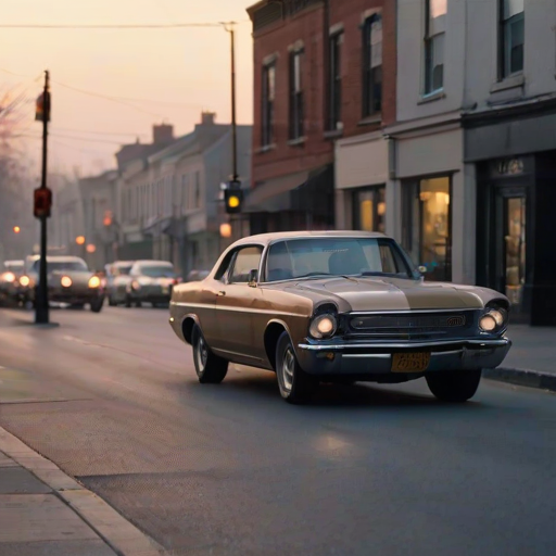 Soft-focus image of a vintage car parked on a quiet street at dusk, soft evening light reflecting off the polished chrome, with distant street lamps and storefronts barely visible through the gentle mist.
