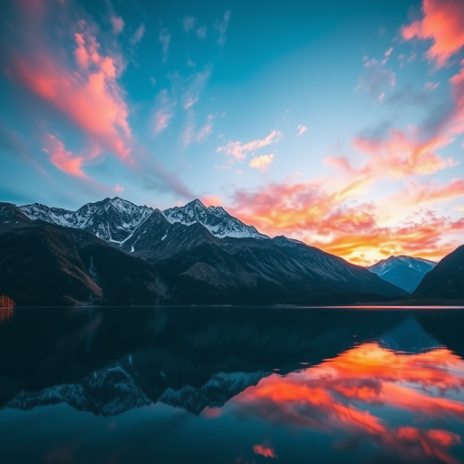 Create a high-resolution image of a serene mountain landscape at sunrise with vibrant colors in the sky and reflections on a calm lake, shot with a DSLR camera using a 24mm lens, aperture f/8, ISO 100, and a slow shutter speed of 1/4 second, in an awe-inspiring panoramic view.