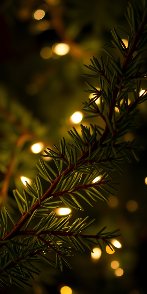 Close-up of evergreen branches with soft glowing fairy lights in a dark background creating a warm and cozy atmosphere.