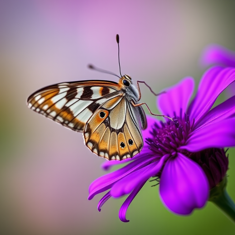 Create a close-up image of a butterfly perched on a vibrant purple flower. The background should have a soft, blurred effect to emphasize the butterfly and the flower. The butterfly should display intricate patterns and colors, while the flower should have a rich texture and deep purple hues.