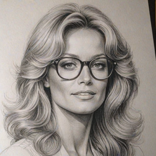 Captivating Farrah Fawcett, pencil sketch, portrait of Delightful woman 1977s in glasses, hair style beatnik, outline, clear lines, fine lines, 8k