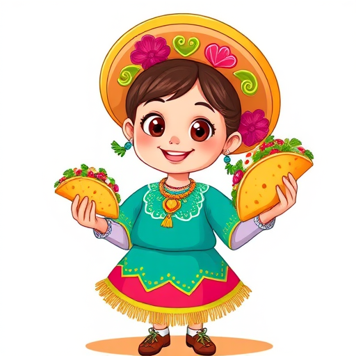 Create an illustration of a cheerful young girl holding a taco, wearing a colorful traditional outfit, in a bright cartoon style, shot with a DSLR camera at f/2.8, 50mm lens, natural light, high resolution.
