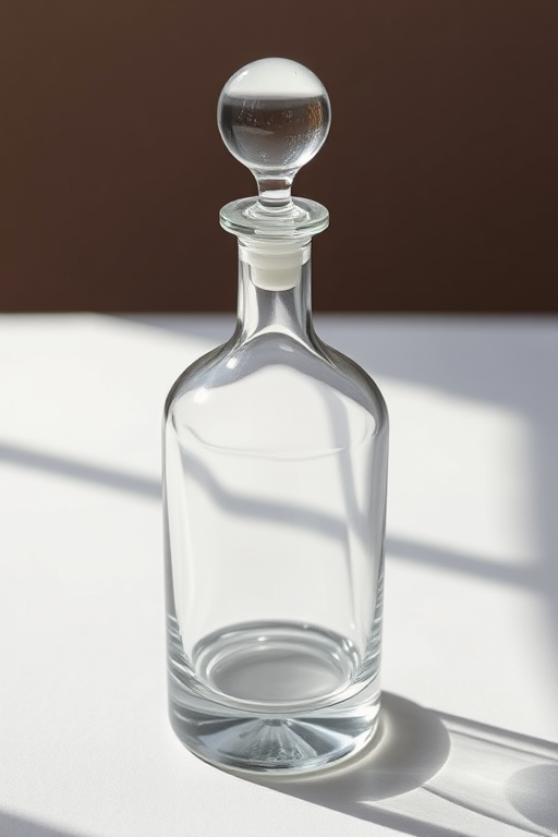 Generate an elegant glass decanter on a plain background, captured with a Canon EOS R5, 50mm f/1.2 lens, aperture set to f/2.8, ISO 100, 1/125 sec shutter speed, soft diffused natural lighting for enhanced clarity and detail.