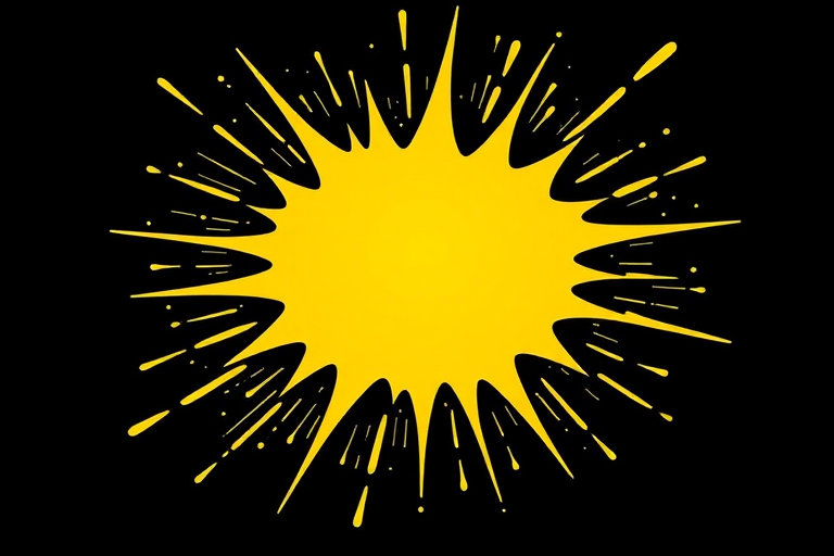 Create a bright yellow comic-style explosion graphic on a black background with high contrast, using a DSLR camera with a 50mm lens, f/1.8 aperture, 1/200 shutter speed, and top-down view for sharp details and vibrant colors.