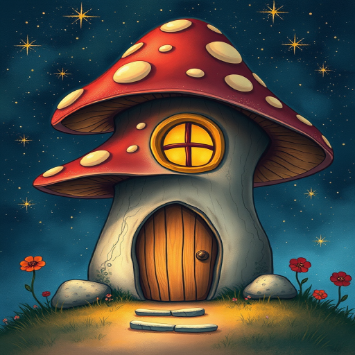 create illustration of a mushroom house with a door and a window, a storybook , fantasy art, mushroom house, bg starry sky, sparkles