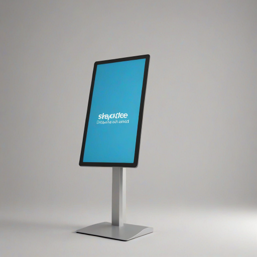 create a simple display stand with a blank screen, featuring a modern design and a sturdy base, suitable for showcasing information or advertisements