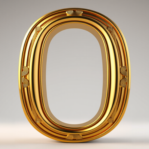 Create a high-resolution 3D rendering of a stylized golden number 0 with intricate details and reflections, using a DSLR camera with a 50mm lens, aperture f/2.8, ISO 100, shot from a frontal view against a soft gradient background for enhanced depth and clarity.