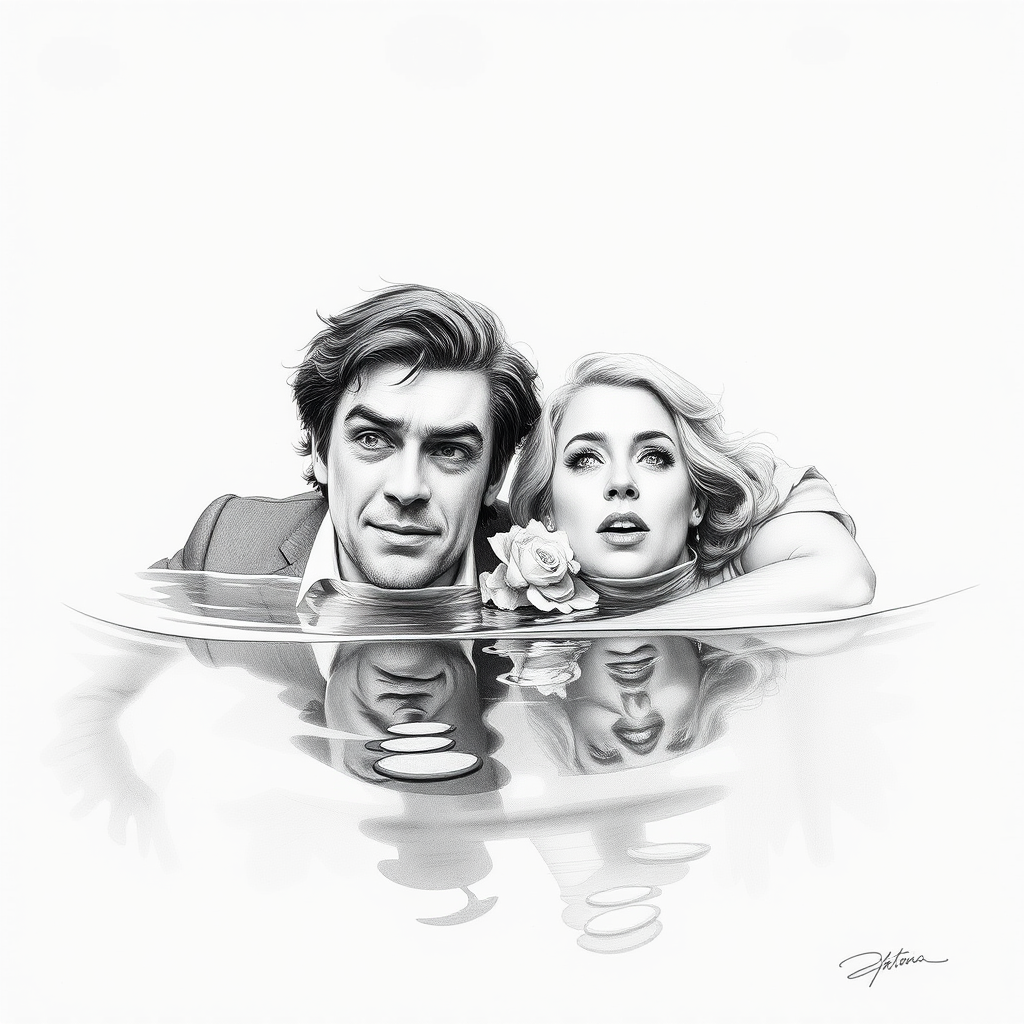 A hyperdetailed photorealistic black and white pencil sketch recreating the iconic scene at the end of Titanic with Jack and Rose floating in the water, only show them making exaggerated funny faces at the camera. Show Rose spitting water at the camera.
