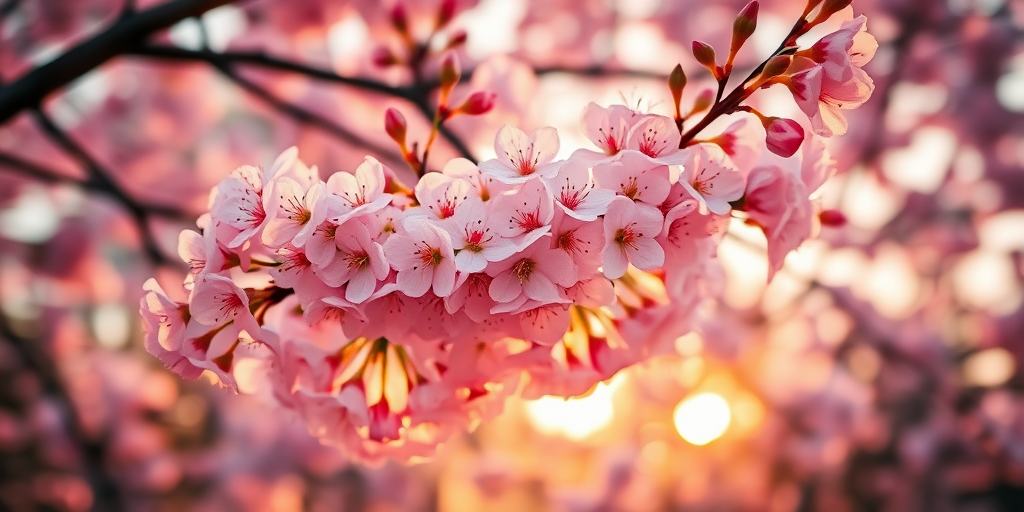 A beautiful cherry blossom tree in full bloom with delicate pink flowers, captured during golden hour with a DSLR camera, 50mm lens, aperture f/1.8, ISO 100, and a shallow depth of field to enhance detail and background blur.