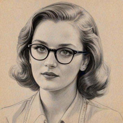Enticing Charlotte Ritchie, pencil sketch, portrait of Attractive woman 1942s in glasses, hair style beatnik, outline, clear lines, fine lines, 8k