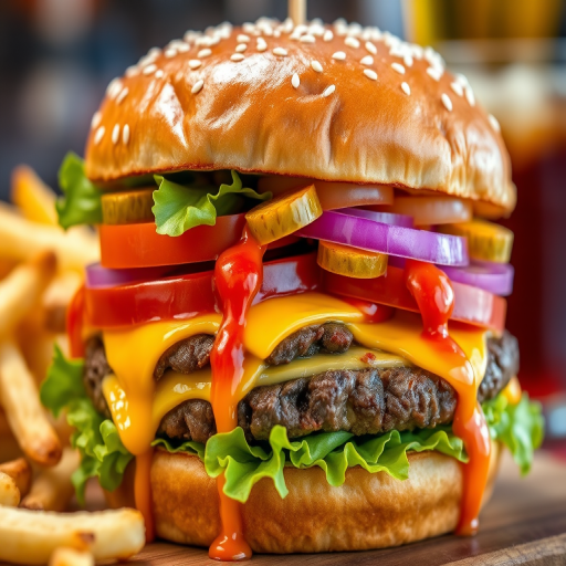 High-resolution, close-up image of a gourmet double cheeseburger. The burger features a glossy, sesame-seed-topped brioche bun. Inside, there are two thick, juicy beef patties, each topped with melted cheddar cheese. The burger is garnished with fresh lettuce, tomato slices, diced onions, and pickles. A generous amount of ketchup and a creamy, orange-colored sauce is dripping down the sides, adding to the mouth-watering appeal. In the background, there are blurred elements including a side of golden French fries and a hint of a beverage, enhancing the overall presentation of a delicious meal.