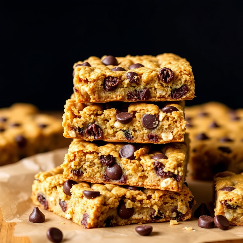 Create an image of a stack of chewy oatmeal chocolate chip bars with a golden brown exterior, studded with chocolate chips and nuts, arranged on brown parchment paper, showcasing a soft and inviting texture.