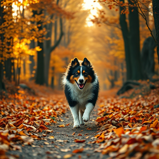 A collie running through an autumn forest path covered in orange and yellow leaves, soft sunlight filtering through the trees, shot with a DSLR camera at f/2.8, ISO 200, shutter speed 1/500s, wide-angle lens, golden hour lighting.