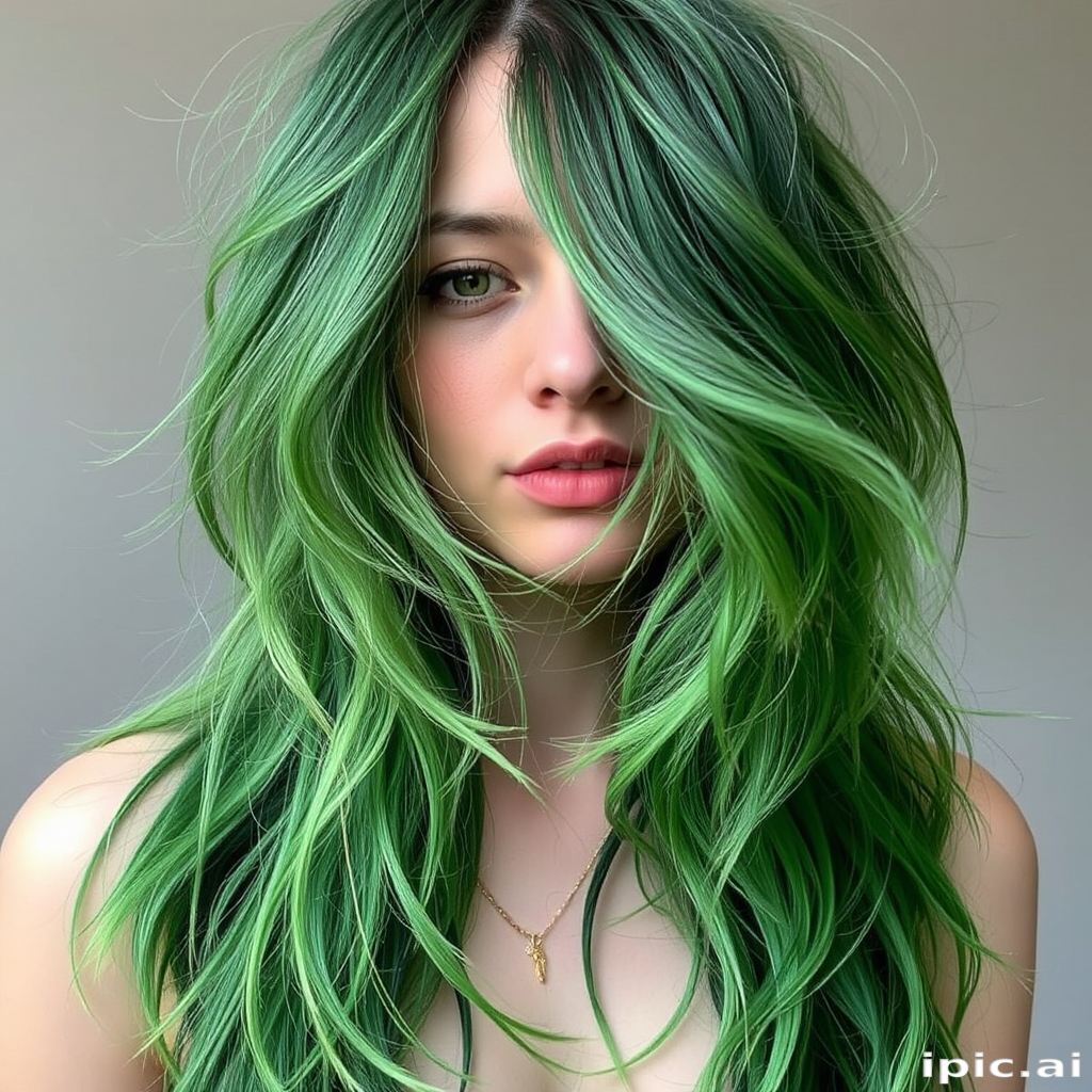 Enchanting image of a person with Forest Canopy hair, various shades of green in a long, layered cut with wispy strands mimicking leaves