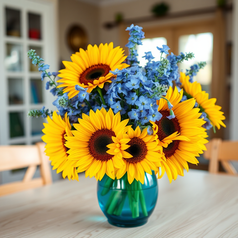 A vibrant arrangement of yellow sunflowers and blue flowers in a blue glass vase on a light wooden table, natural light from a nearby window, shallow depth of field, 50mm lens, f/2.8 aperture, ISO 100, soft focus for background, captured with a DSLR camera.