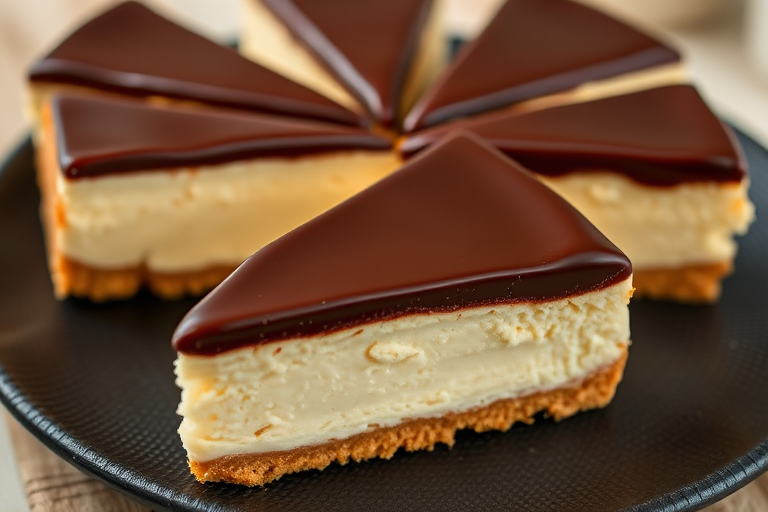 A slice of creamy cheesecake with a smooth chocolate ganache topping displayed on a textured black plate with more slices arranged around it. The cheesecake has a rich, fluffy texture and a golden crust. The background is softly blurred to emphasize the dessert.