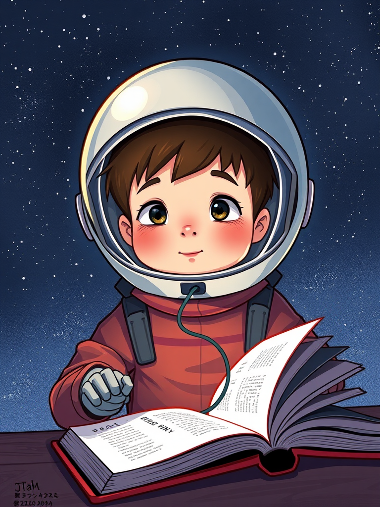 Create an illustration of a boy in a space helmet with a whimsical cable connecting to an open book, set against a starry backdrop, using a digital art style, with high contrast, sharp details, and a focus on the characters' expressions, captured with a 50mm lens at f/2.8, ISO 100, natural lighting.